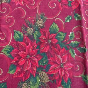 Christmas tablecloth thick cotton blend poinsettias red green gold vintage 1980s